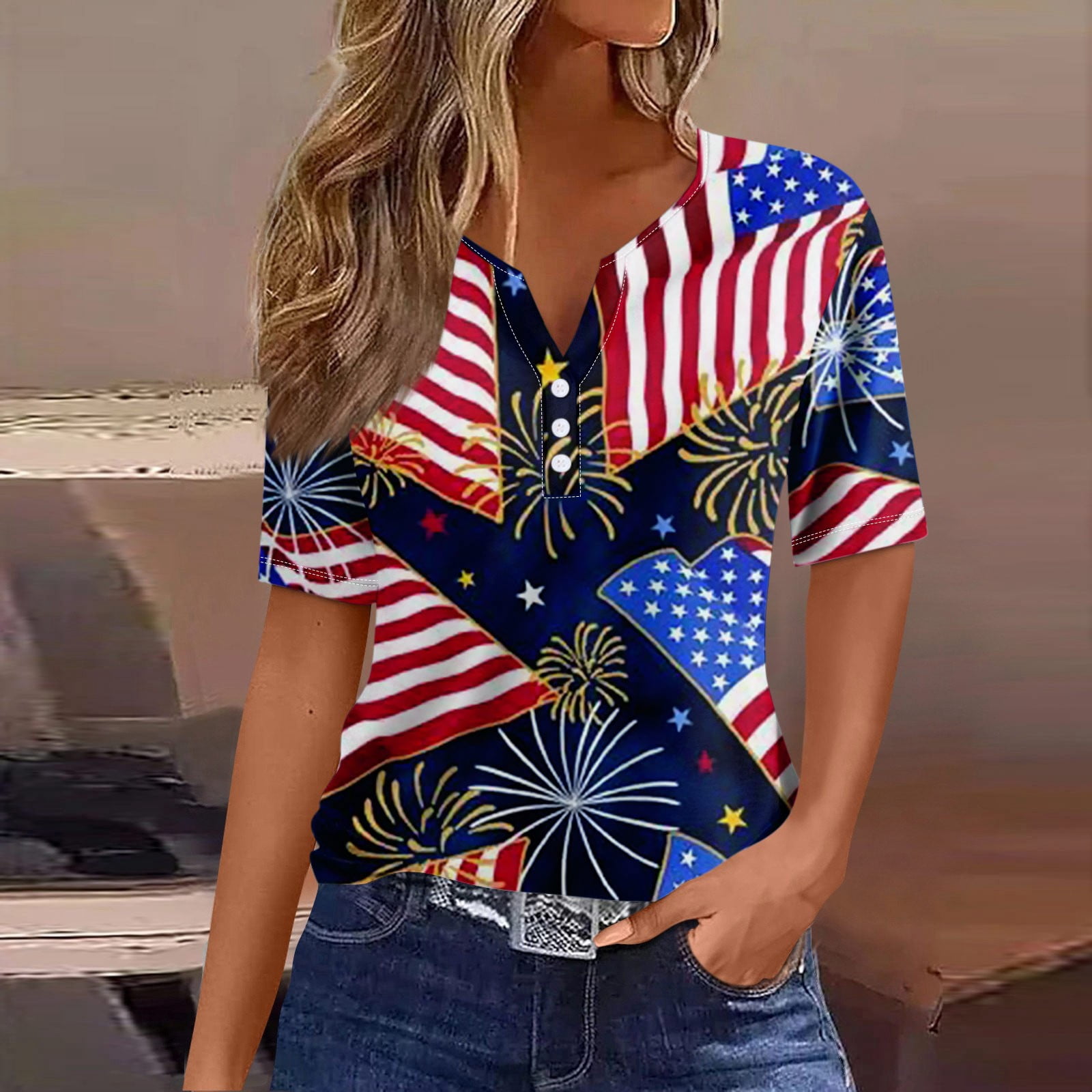 Hanas Patriotic Shirts for Women, Summer VNeck Lovely Red White and