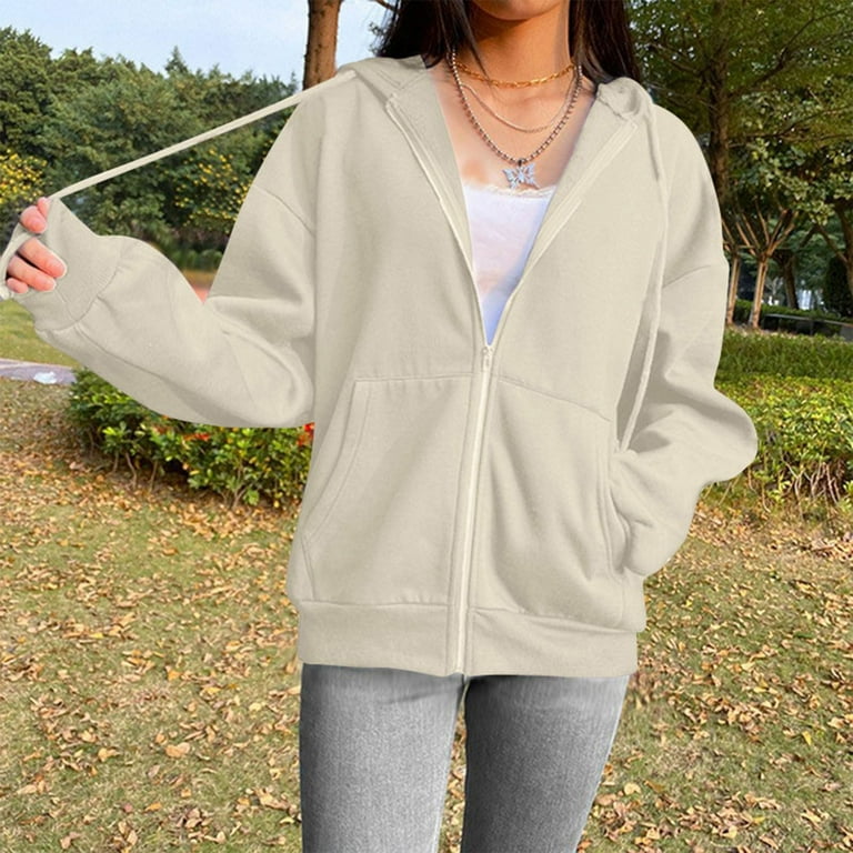Hanas Tops Women Zip Up Hoodie Long Sleeve Fall Oversized Sweatshirt With Pocket Casual Solid Color Hooded Jackets Tops Walmart