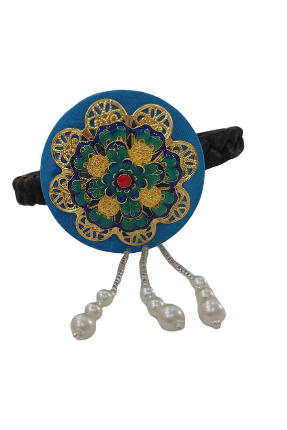 Hanbok Hair Hoop with Faux Pearls Traditional Korean Hairpiece Blue Glaze Headwear for Cultural Event and Daily Wear