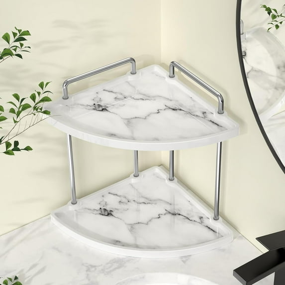 Hancrafted Ceramic Bathroom Sink Counter Organizer, 2-Tier Corner Counter Shelf with Marble Pattern, Vanity Skincare Perfume Organizer and Makeup Storage, Polished Chrome,