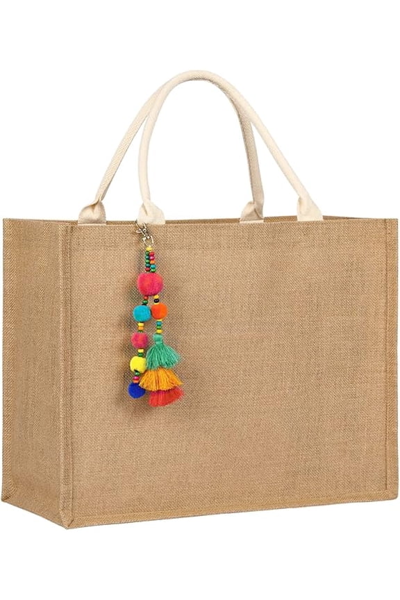 Beach Bag for Women, Burlap Beach Tote Bag with Tassel Pocket, Summer Gift for Vacation, Pool, Cruise & Grocery 