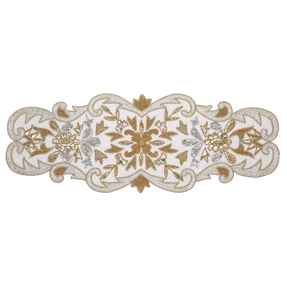 Hand Beaded Decorative Farmhouse Glitz Table Runner for Tabletop, Wedding, Thanksgiving, Easter Party Decorations -A Beautiful Complement to Your Dinner Table Décor- 13x36 Inch - Silver Gold Ivory
