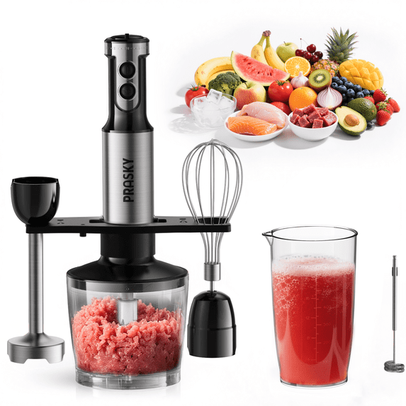 PRASKY Immersion Hand Blender, 6-in-1 Handheld Blender for Kitchen, 20 Speeds Food Processor, Egg Whisk, Milk Frother, Beaker (Black)