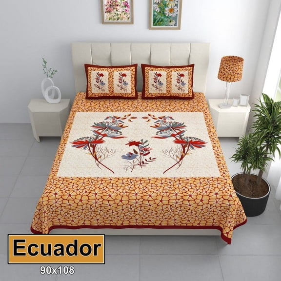 Hand Block Bedsheet, Organic Handmade Blanket Floral Print Bedsheet, Cotton Flat Sheet With 2 Pillowcover Sheet, Traditional Bedsheet