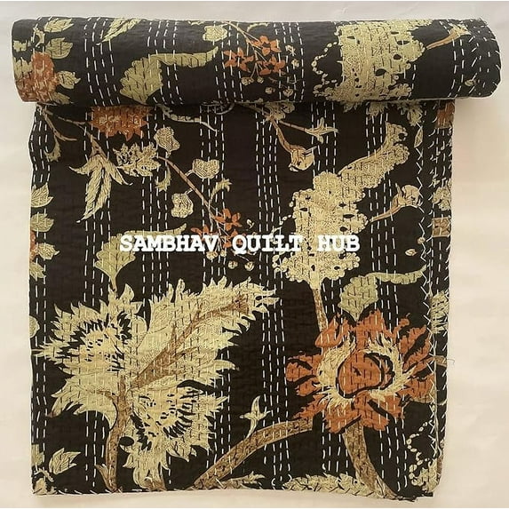 Hand Block Floral Print Handmade Cotton Block Kantha Quilting Boho Bedding Throw Blanket Hippie Bohemian Floral Kantha Quilt