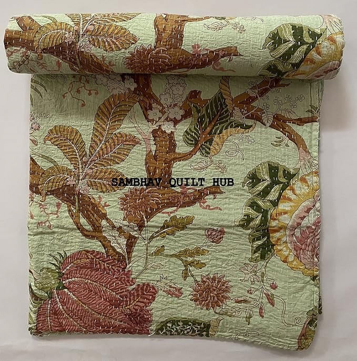 Indian Velvet Kantha Quilt Block Print Bohemian Boho- Mustard main image 1