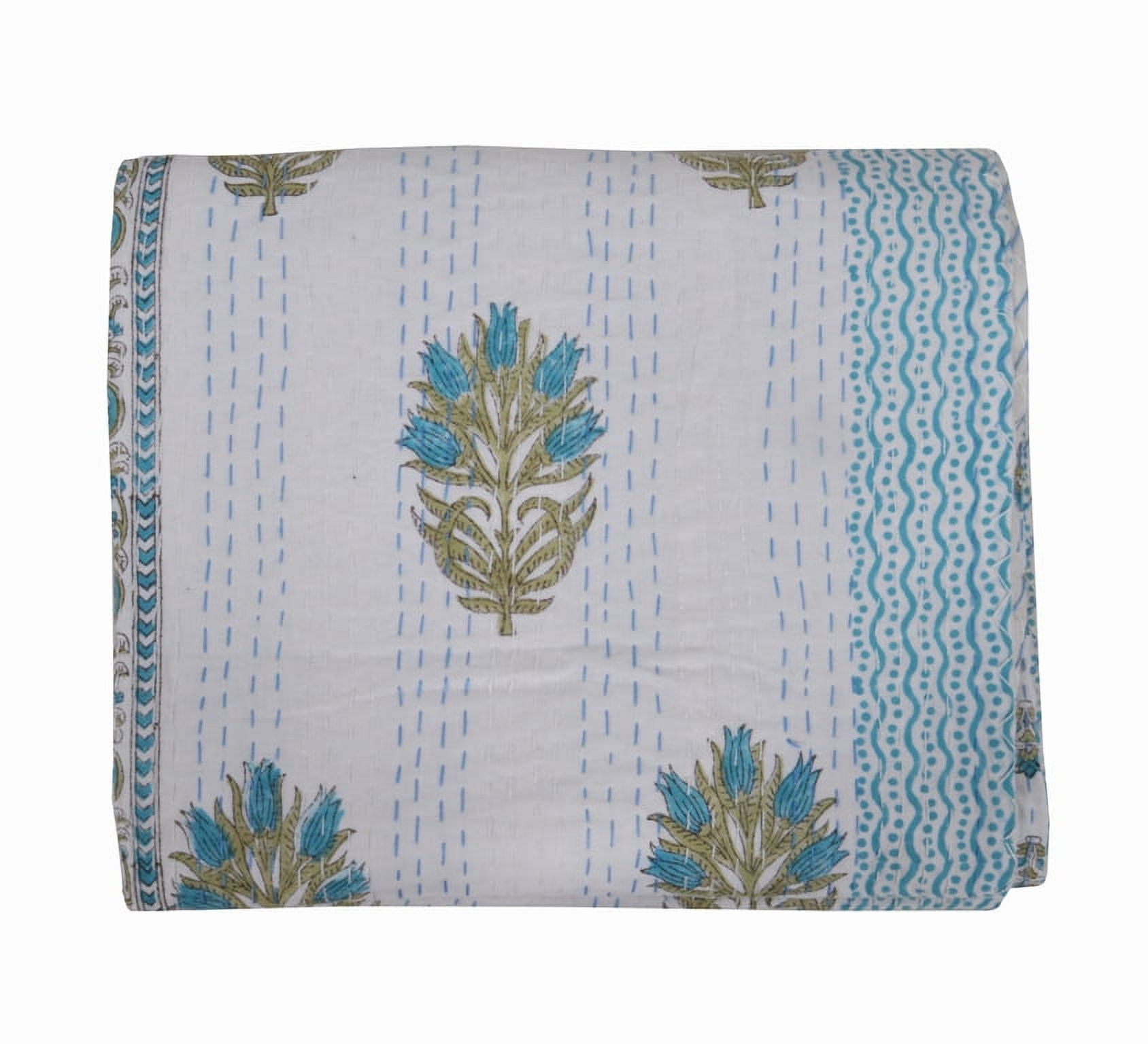 Hand Block Floral Print Quilt Queen Kantha Quilt Kantha Bedspread