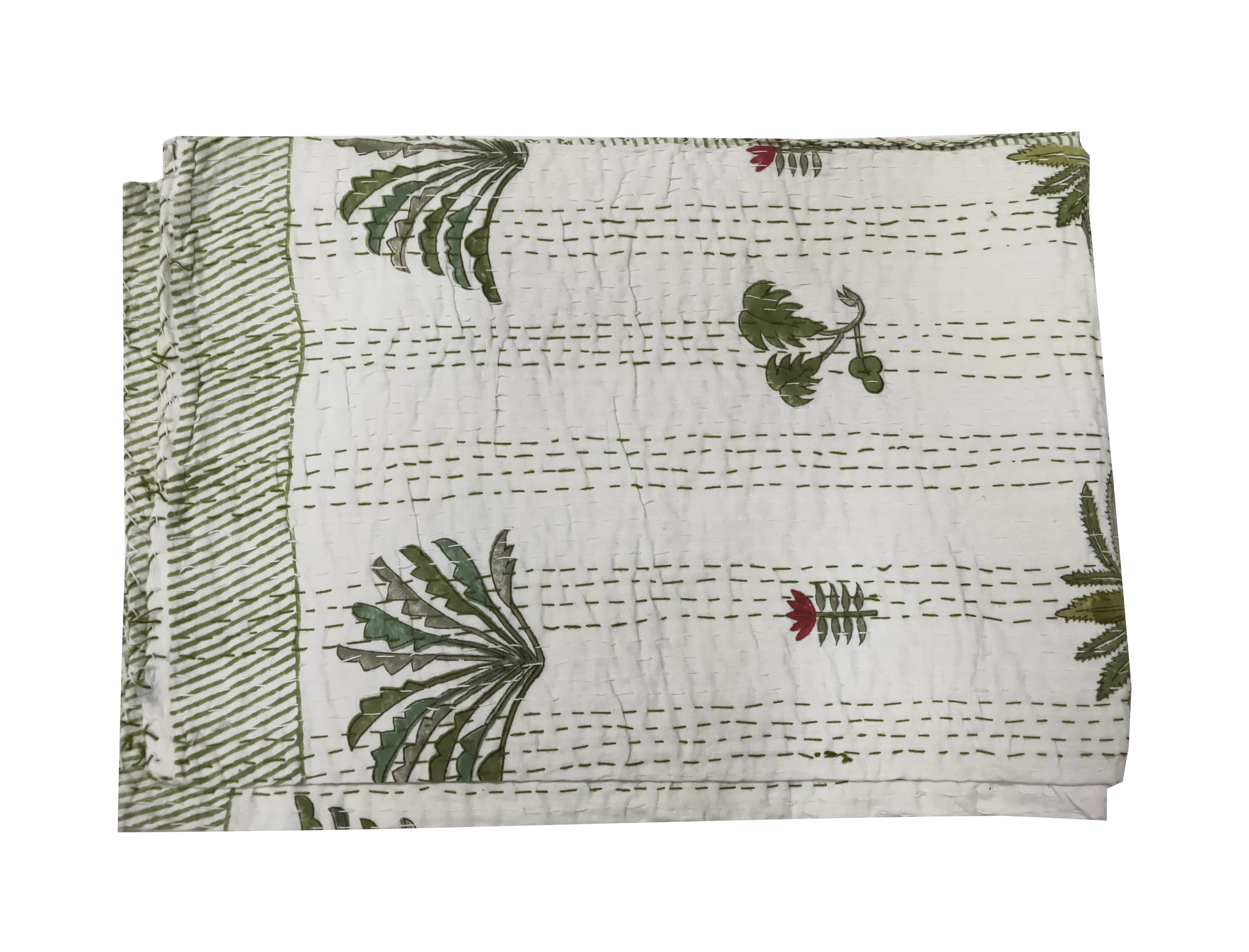 Hand Block Floral Print Quilt Queen Kantha Quilt Vintage Cotton Kantha