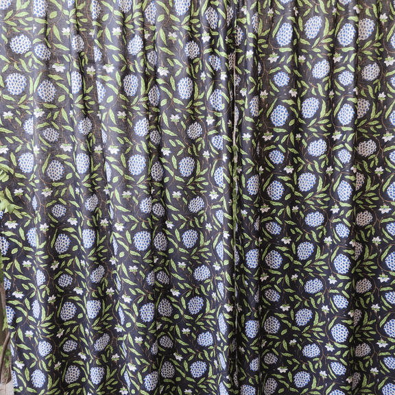 Hand Block Print Black Cotton Curtain Set of 2 Panel Home Decor India Style Curtain