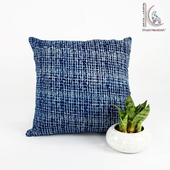 Hand Block Print Cotton Cushion Cover Indigo Blue Boho Handmade Cushion Cover Size 16x16 Indigo Blue