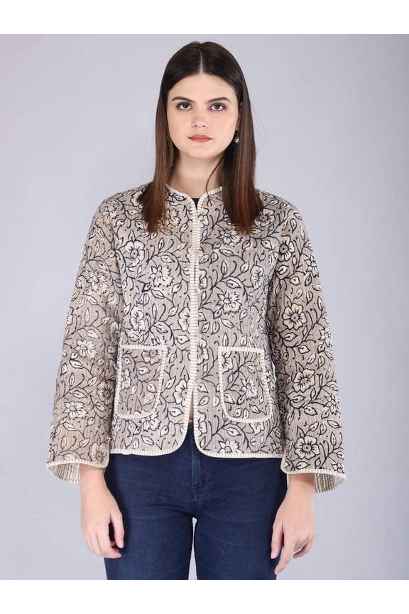Hand Block Print Cotton Kantha Jacket: Floral Quilted Boho Coat