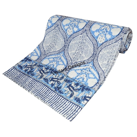 Hand Block Print Design Twin Cotton Indian Handmade Kantha Quilt Throw Blanket