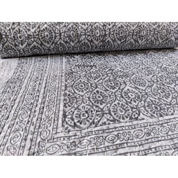 Hand Block Print Gray Kantha Quilt, Reversible Cotton Bedspread, Queen Hand Stitch Bedding Throw Blanket.