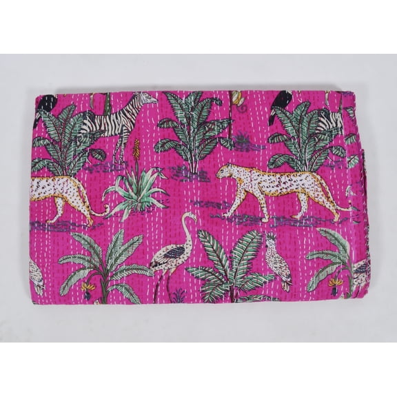Hand Block Print Kantha Cotton Indian Handmade Bedspread Quilt Throw Blanket Pink Jungle Print