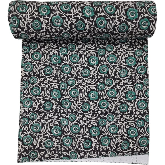Hand Block Print Kantha Quilt Bedspread Handmade Cotton Indian Kantha, Reversible Floral Boho Bedding Gudari