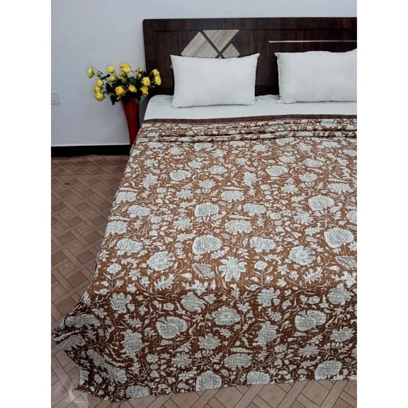 AandETextileHouse Traditional Multicolor Floral Print Cotton Kantha Quilt, Queen - Breathable