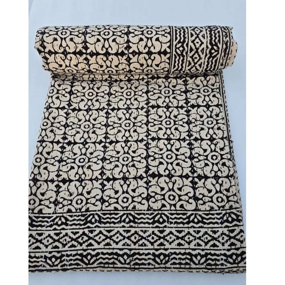 Hand Block Print Kantha Quilt Floral Indian Blanket, Handmade Ethnic Bedding, Lightweight Cotton Bedspread for Bedroom & Home Décor,108x108 Inch