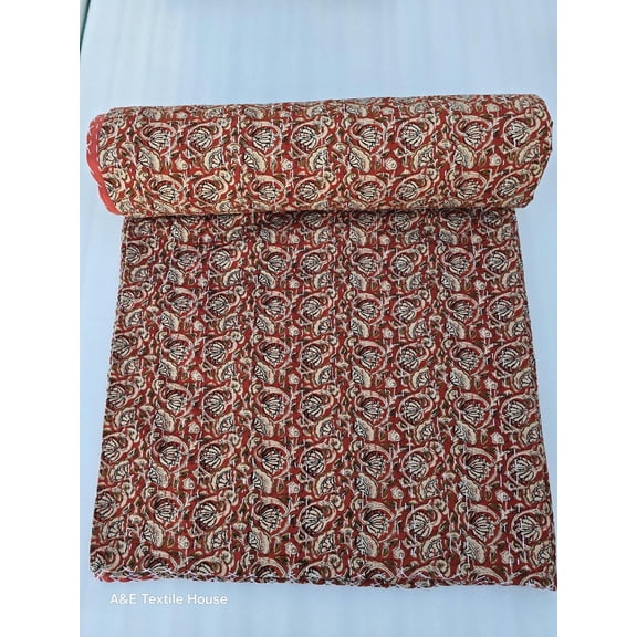 Hand Block Print Kantha Quilt: Floral Indian Cotton Bedding