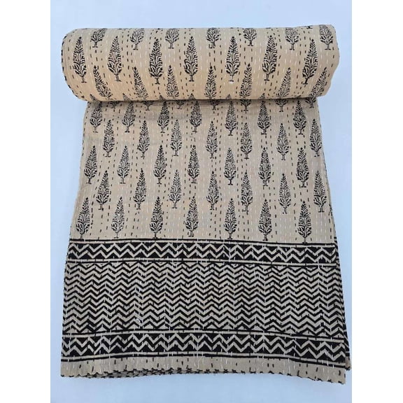 Hand Block Print Kantha Quilt, Floral Indian Cotton Blanket, Handmade Kantha Bedspread, Lightweight Boho Bedding Throw for Home Décor, 60x90Inch