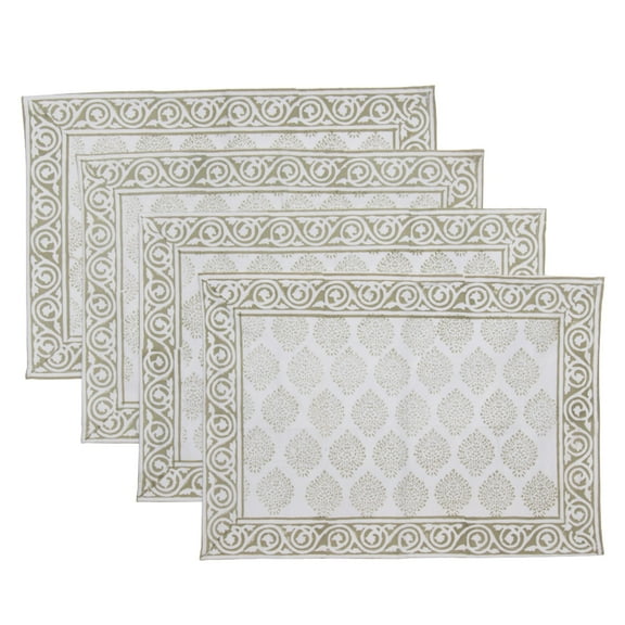 KOUBOO Unique Home Decor Hand Block Print Placemats, 18 x 13 Inches, Set of 4, Light Green