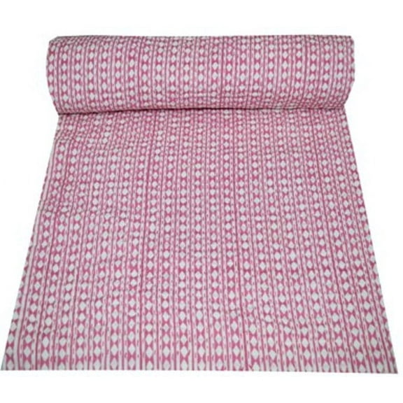 Hand Block Print Quilt Indian Pink Dots Print Kantha Quilt Kantha Bedspread Kantha Blanket Cotton Throw Handmade Quilt Single Size Quilt Bedding