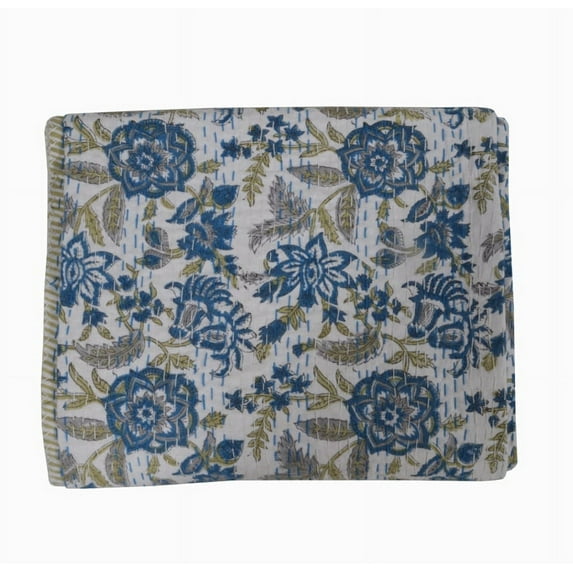 Hand Block Print Quilt Queen Kantha Quilt Kantha Bedspread Cotton Blanket Indian Bed Cover Bohemian Quilt Kantha Quilt Queen Size Floral Print