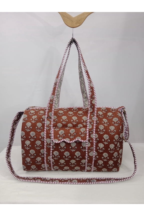 Hand Block Print Quilted Duffle Bag: Red Floral Cotton Weekender Travel Tote