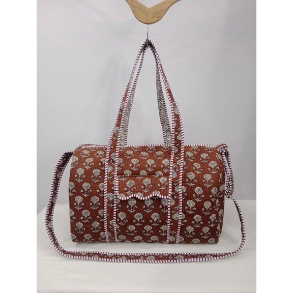 Hand Block Print Quilted Duffle Bag: Red Floral Cotton Weekender Travel Tote