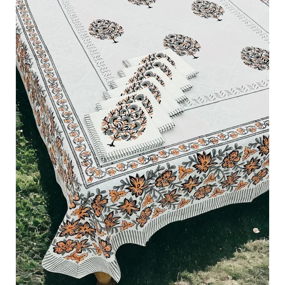 Hand Block Print Rectangle 6-Seater tablecloth Floral Cotton Table Cover with Napkin Set of 7 Decorative Party Event