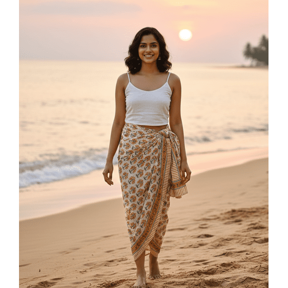 Hand Block Print Sarong Cotton Block Printed Sarong, Sanganeri Printed Pareo Natural Sarong Women Bikini Cover Swimsuit Scarves Long Pareo Size 44x72 Inch ss099