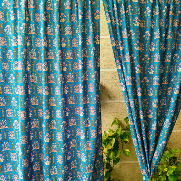 Hand Block Printed Blue Floral Cotton Curtain | Indian Mughal Art Drapes | Boho Room Decor | Semi Sheer Window Panel | Ethnic Home Decor