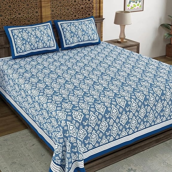 Hand Block Printed Cotton King Size Bedsheet With 2 Pillow Covers, 106 X 106 Inches, Blue | 200 Thread Count-Good For Villas, Guest Houses, & Daily Home Use