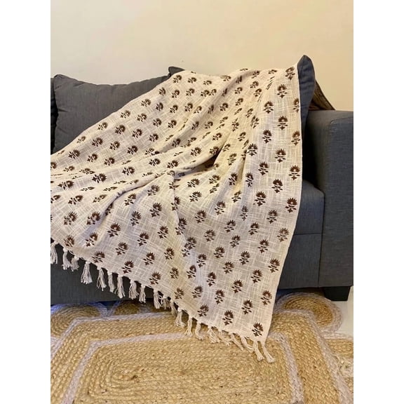 Hand Block Printed Cream & Brown Minimalist Boho Cotton Throw Blanket 50" x 70"