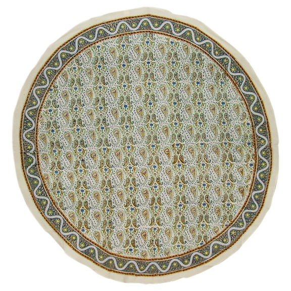 Hand Block Printed Floral Round Cotton Tablecloth 72" Blue