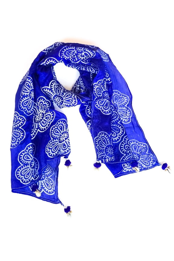 Hand-Block Printed Silk Scarf With Cowrie Shell Tassels