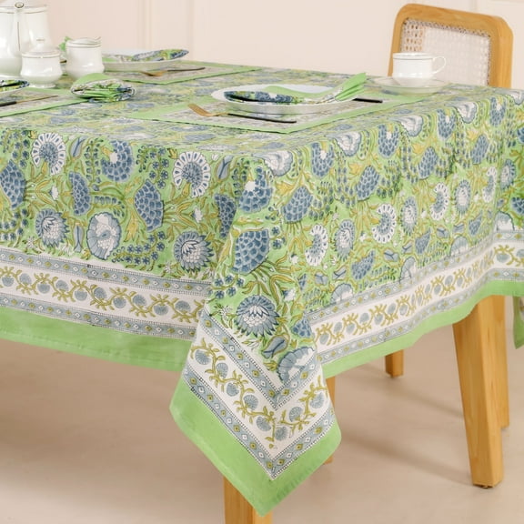 Hand Block Printed Table Cover - Exquisite Design, Premium Cotton Fabric, Perfect for Dining and Decor, Dining Table Linen Color Asparagus Green 12 Seater 72 x 135 Inches Rectangle