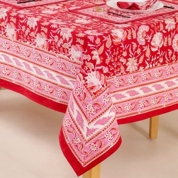 Hand Block Printed Table Cover - Exquisite Design, Premium Cotton Fabric, Perfect for Dining and Decor, Dining Table Linen Color Cherry Red 12 Seater 72 x 135 Inches Rectangl
