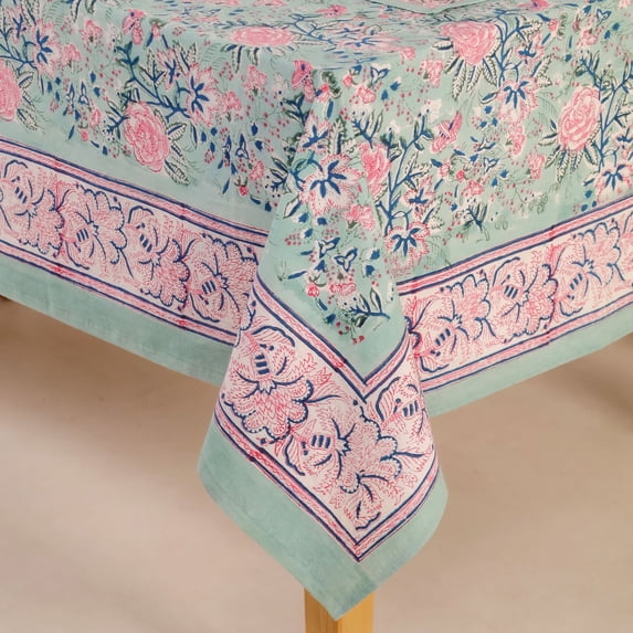 Hand Block Printed Table Cover - Exquisite Design, Premium Cotton Fabric, Perfect for Dining and Decor, Dining Table Linen Color Mint Green 14 Seater 72 x 160 Inches Rectangle
