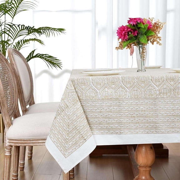Hand Block Printed Table Cover | , Premium Cotton Fabric, Perfect for Dining and Decor, Dining Table Linen Color|Beige Size |70x130 Seats 8–10