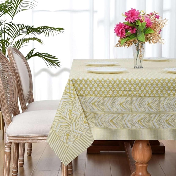 Hand Block Printed Table Cover | Premium Cotton Fabric, Perfect for Dining and Decor, Dining Table Linen Color|Yellow Size |70x130 Seats 8–10