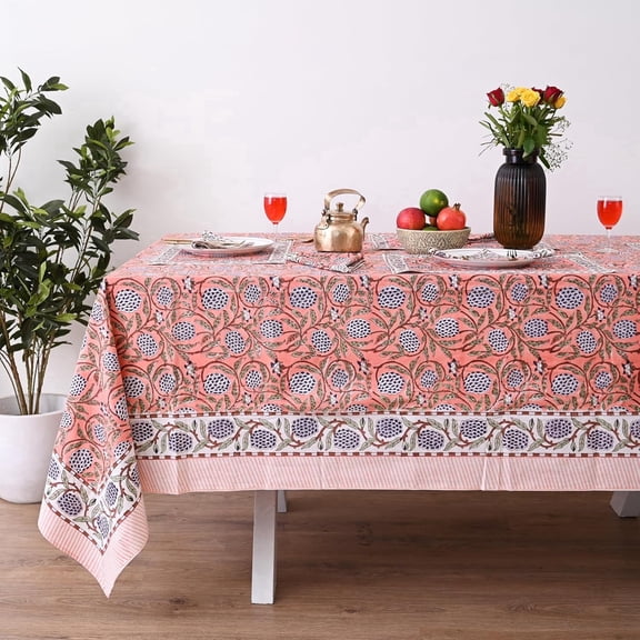 Hand Block Printed Tablecloth, Colorful Floral Print, Indian Artisan Handmade Art, Dining Room, Kitchen, Outdoor Party Decor, 100% Cotton, (Dark Salmon Pink, 6 Seater 60 x 90 Inches Rectangle)