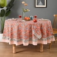 thumbnail image 1 of Hand Block Printed Tablecloth, Colorful Floral Print, Indian Artisan Handmade Art, Dining Room, Kitchen, Outdoor Party Decor, 100% Cotton, (Dark Salmon Pink, 90 Inches Round, 8 Napkins), 1 of 8