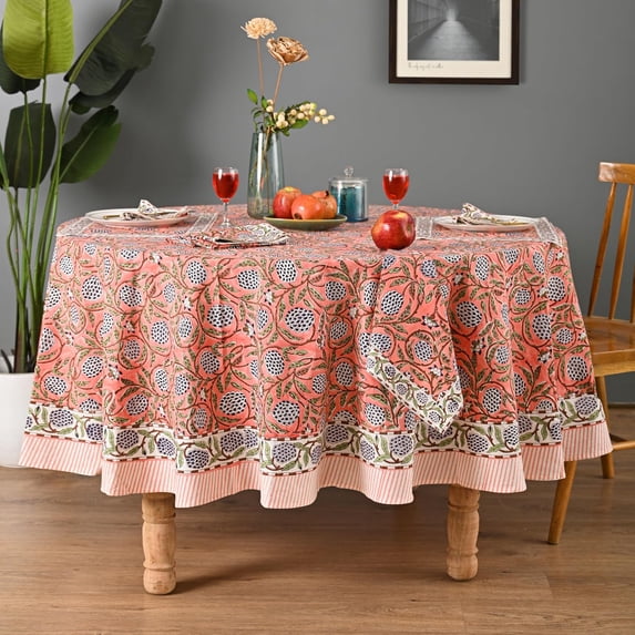 Hand Block Printed Tablecloth, Colorful Floral Print, Indian Artisan Handmade Art, Dining Room, Kitchen, Outdoor Party Decor, 100% Cotton, (Dark Salmon Pink, 90 Inches Round, 8 Napkins)