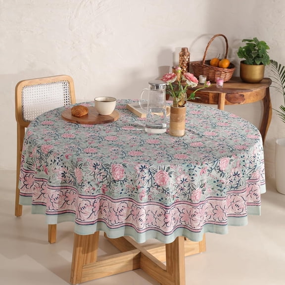 Hand Block Printed Tablecloth, Colorful Floral Print, Indian Artisan Handmade Art, Dining Room, Kitchen, Outdoor Party Decor, 100% Cotton, (Mint Green, 4 Seater 60 Inches Round)