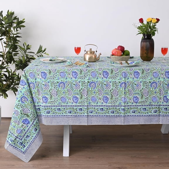 Hand Block Printed Tablecloth, Colorful Floral Print, Indian Artisan Handmade Art, Dining Room, Kitchen, Outdoor Party Decor, 100% Cotton, (Mint Green Blue, 4 Seater, 60 x 60 Inches Square)