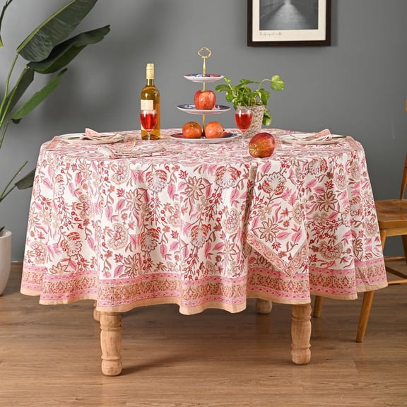 Hand Block Printed Tablecloth, Colorful Floral Print, Indian Artisan Handmade Art, Dining Room, Kitchen, Outdoor Party Decor, 100% Cotton, (Pink Meadow Bloom, 4 Seater 60 Inches Round)