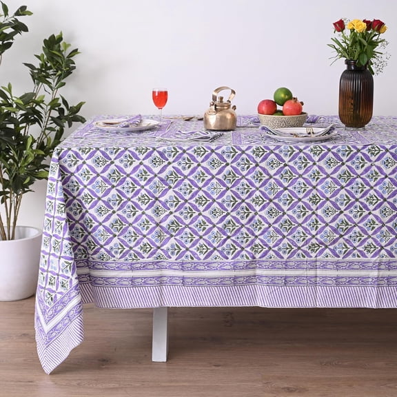 Hand Block Printed Tablecloth, Colorful Floral Print, Indian Artisan Handmade Art, Dining Room, Kitchen, Outdoor Party Decor, 100% Cotton, (Royal Purple Flora, 4 Seater, 60 x 60 Inches Square)