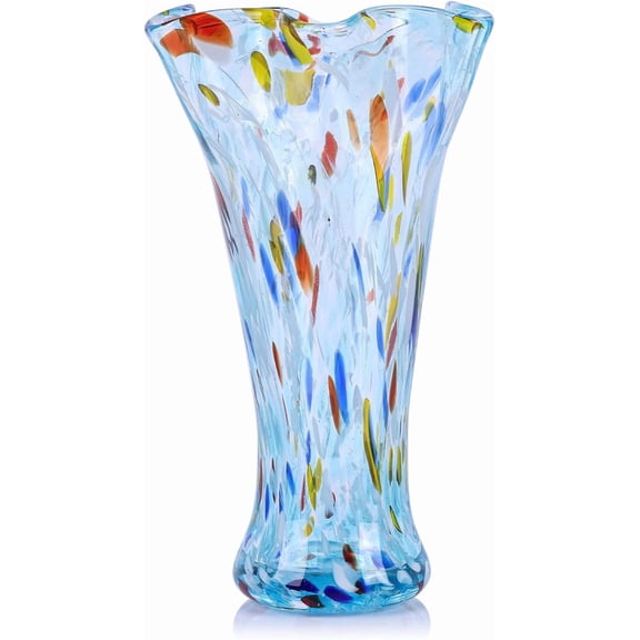 Hand Blown 9 Inch Teal Glass Vase for Flowers, Wide Mouth Colorful Home Decor Vase for Centerpieces, Living Room Table, Bookshelf or Office Shelf Decoration