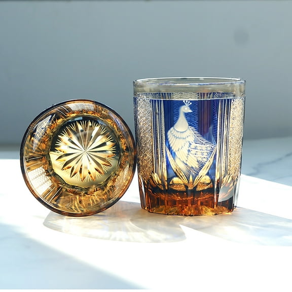Hand Blown Amber Blue Peacock Pattern Hand-Carved Cut Cased Glass Whisky Cups Best for Bar/Party/Gift