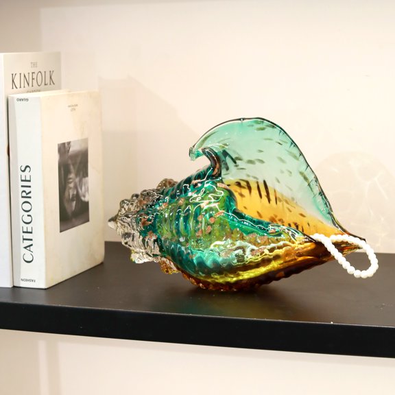 Hand Blown Art Glass Conch Shell Figurine, Teal Amber Gradient Seashell Sculpture with Crystal Base, Nautical Coastal Tabletop Home Decor